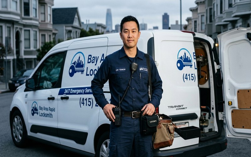 Licensed locksmith technician standing beside service van in a suburban driveway