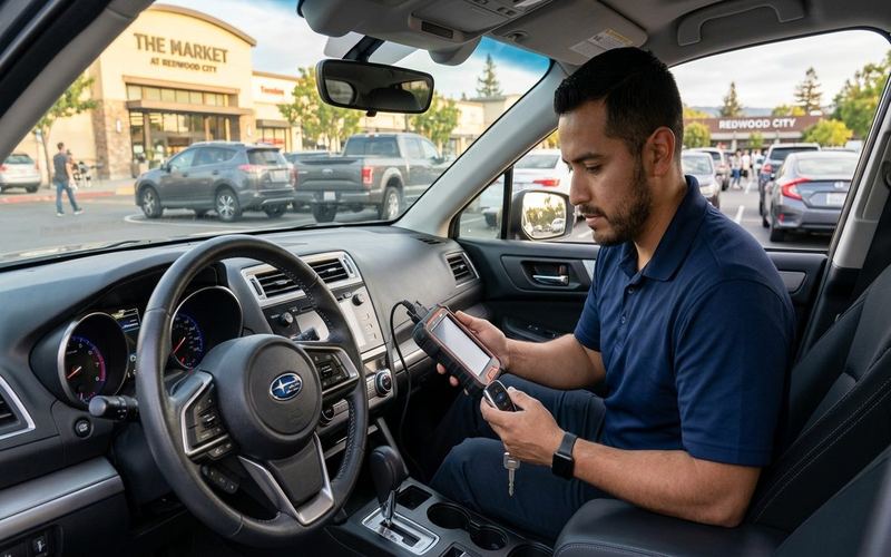 Locksmith technician programming a car key fob with diagnostic device