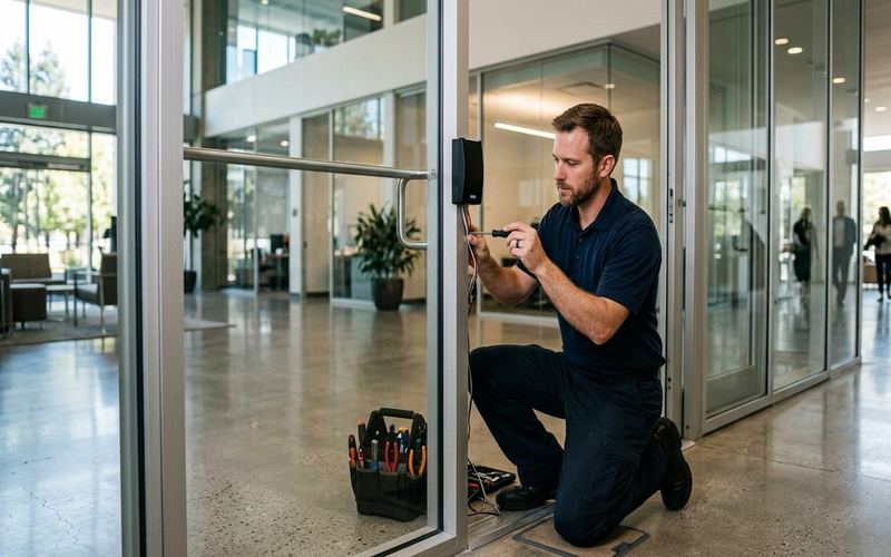 Locksmith working on an access control reader at a commercial office entrance