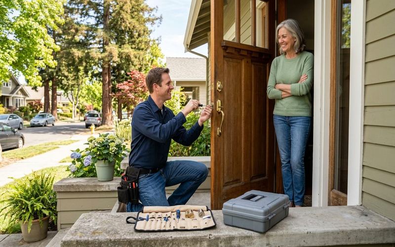 Locksmith installing a new deadbolt on a residential front door