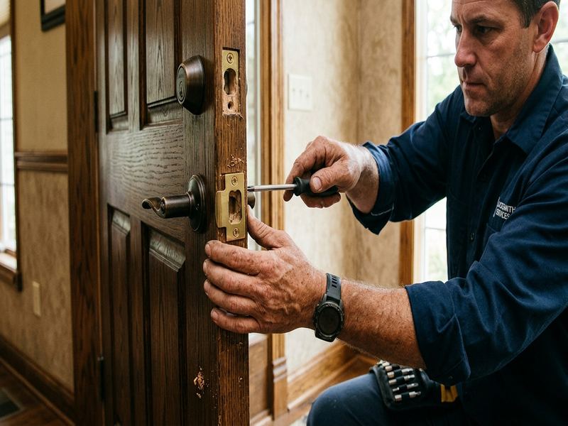 Locksmith working by flashlight at a residential door lock late at night