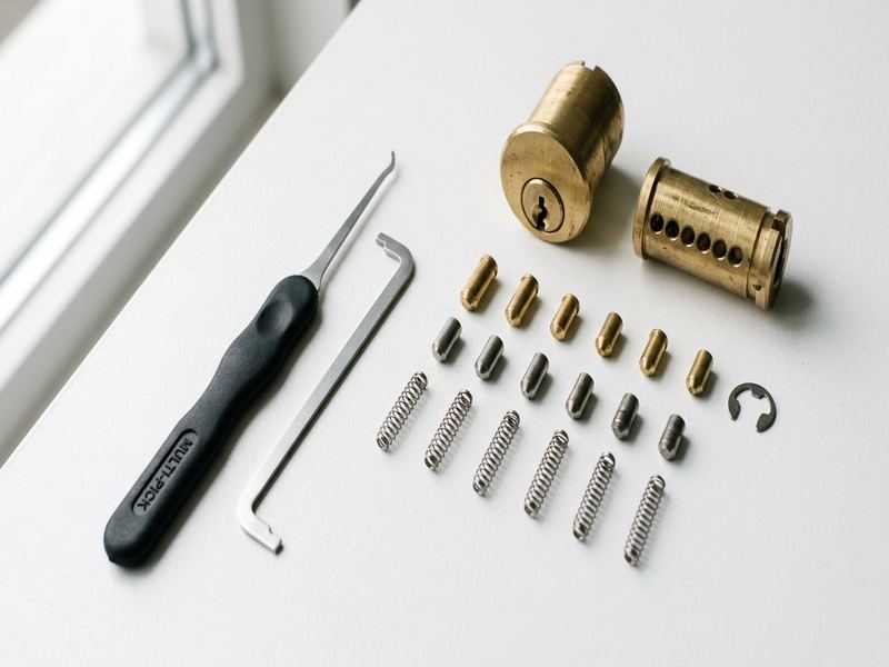 Locksmith installing a modern smart lock keypad on a residential front door