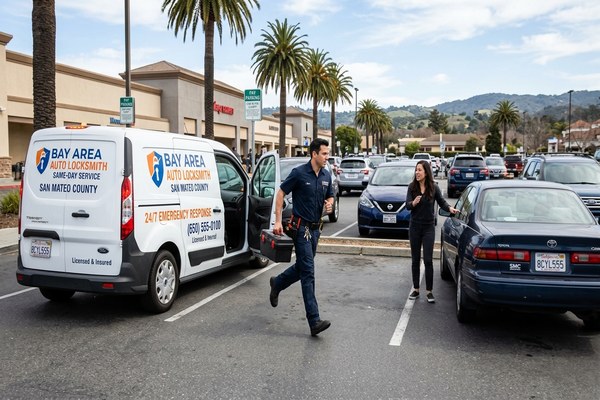 Locksmith technician at a car door during an automotive lockout service call